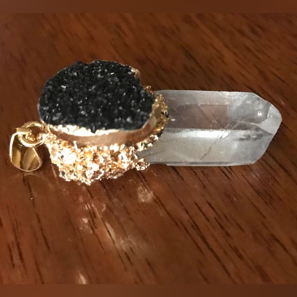 “Black Druzy & Clear Quartz” Crystal Pyramid Terminated Point Wand Gold Necklace - Picture 6 of 16